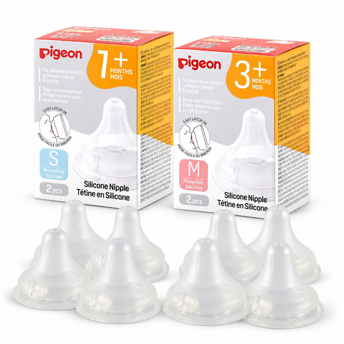 Pigeon Silicone Nipple with Latch-On Line, Size S & M (Set of 8), Natural Feel, Nipple Set (1–6M)