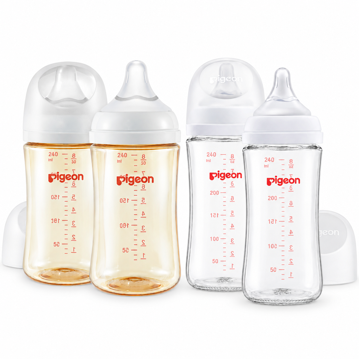 Pigeon Nursing Baby Bottle Wide Neck (Pack of 4, 2 Glass Bottles & 2 PPSU Bottles), Streamlined Body, Natural Feel, Easy to Clean, Heat-Resistant, 8.1 oz