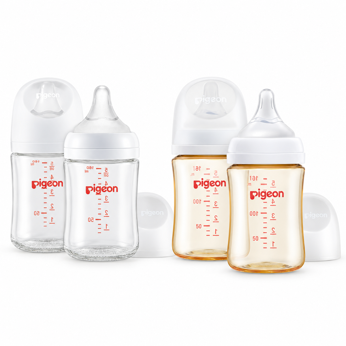 Pigeon Nursing Baby Bottle Wide Neck (Pack of 4, 2 Glass Bottles & 2 PPSU Bottles), Streamlined Body, Natural Feel, Easy to Clean, Heat-Resistant, 5.4 oz