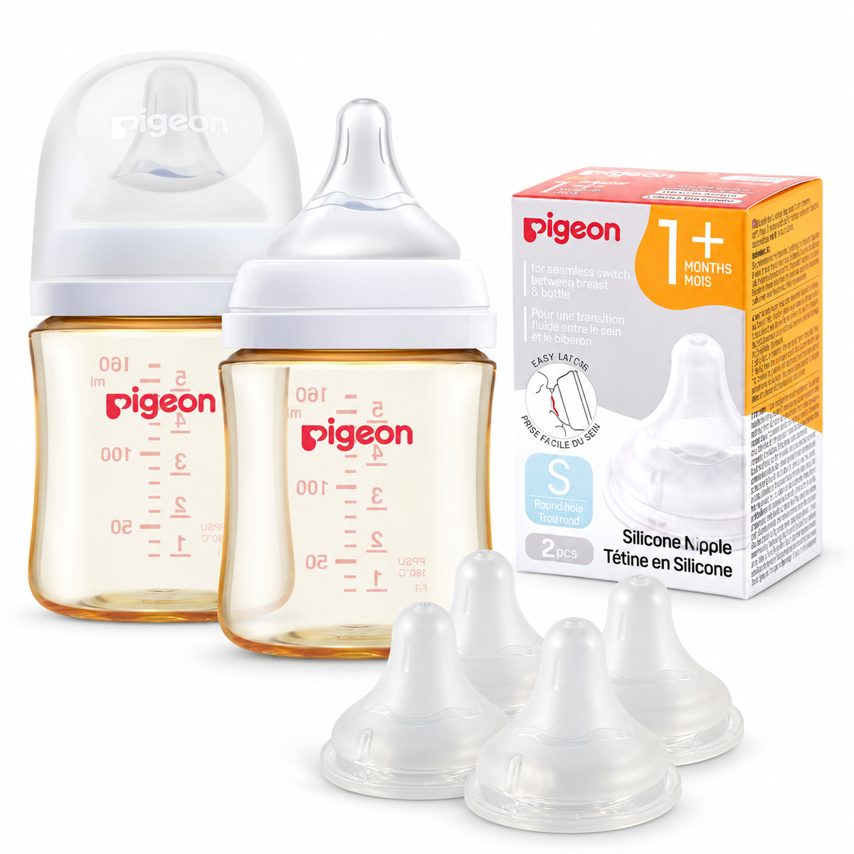 Pigeon PPSU Baby Bottle (5.4 oz, Pack of 2) with 4 Latch-On Line Silicone Nipples, Newborn Feeding Set (0–3M)