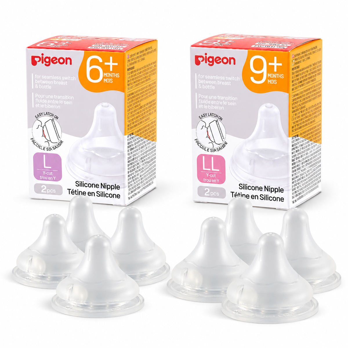 Pigeon Silicone Nipple with Latch-On Line, Size L & LL (Set of 8), Natural Feel, Nipple Set (6–12M)
