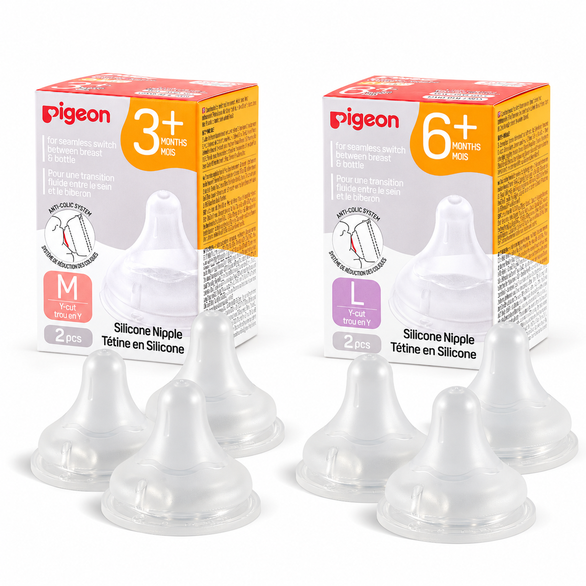 Pigeon Silicone Nipple with Latch-On Line, Size M & L (Set of 8), Natural Feel, Nipple Set (3–9M)