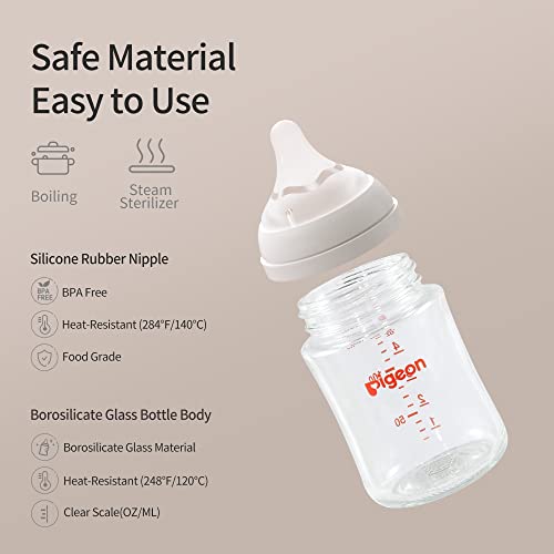 Pigeon Glass Nursing Baby Bottle Wide Neck (Pack of 4), Streamlined Body, Natural Feel, Easy to Clean, Heat-Resistant, 5.4 oz and 8.1 oz