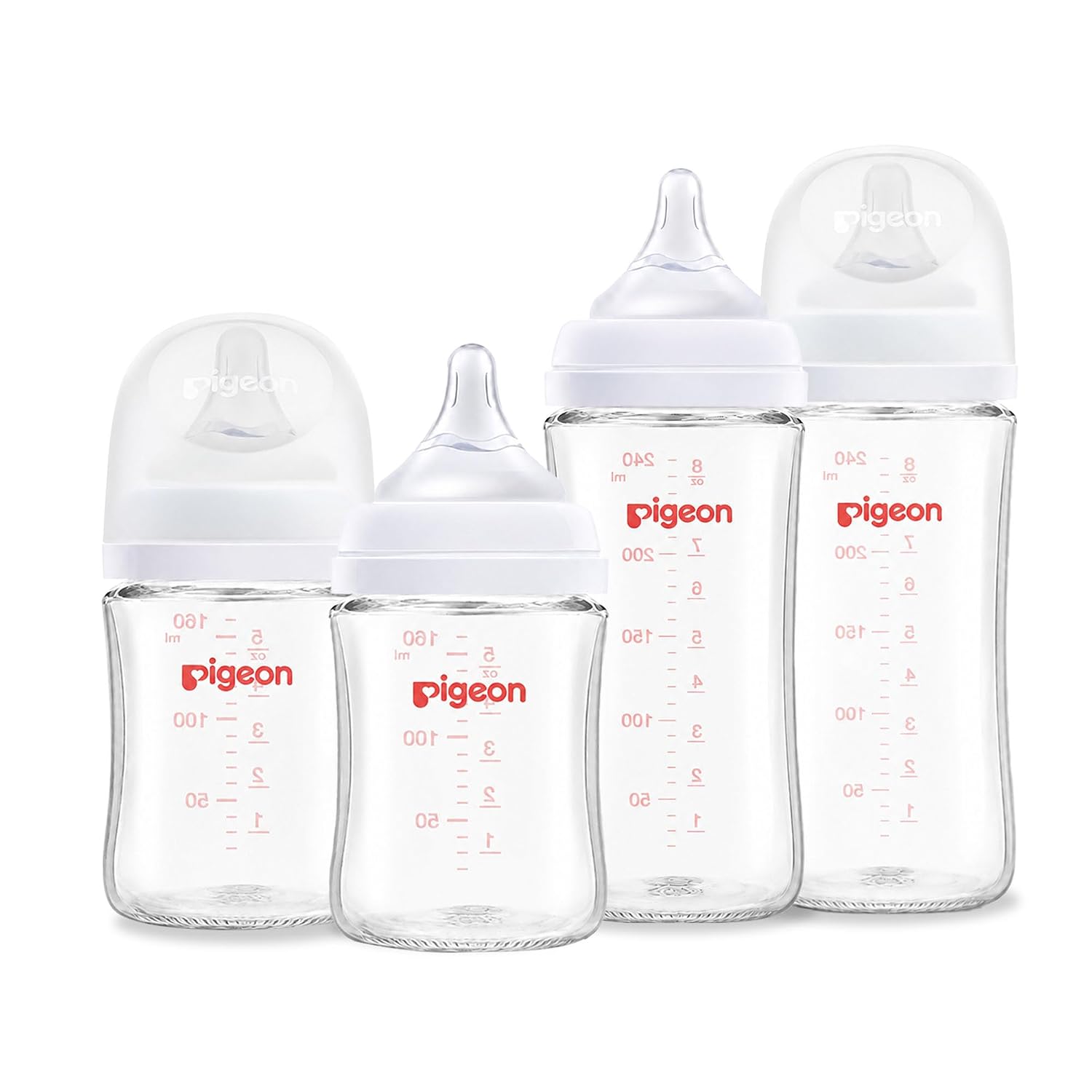 Pigeon Glass Nursing Baby Bottle Wide Neck (Pack of 4), Streamlined Body, Natural Feel, Easy to Clean, Heat-Resistant, 5.4 oz and 8.1 oz